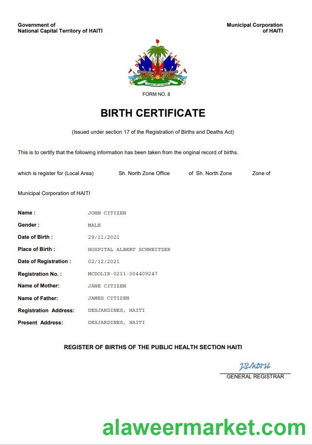 Haiti vital record birth certificate Word and PDF template